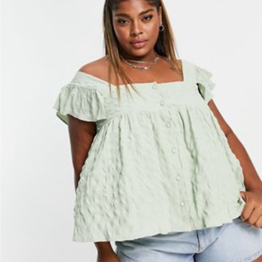 ASOS design puff textured button thru ruffle sun top in sage size 16